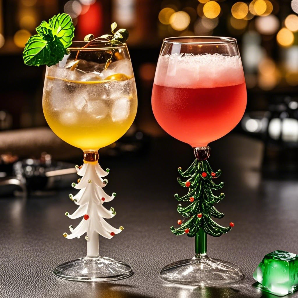 Christmas tree decorative stemmed glasses with colorful designs and drinks