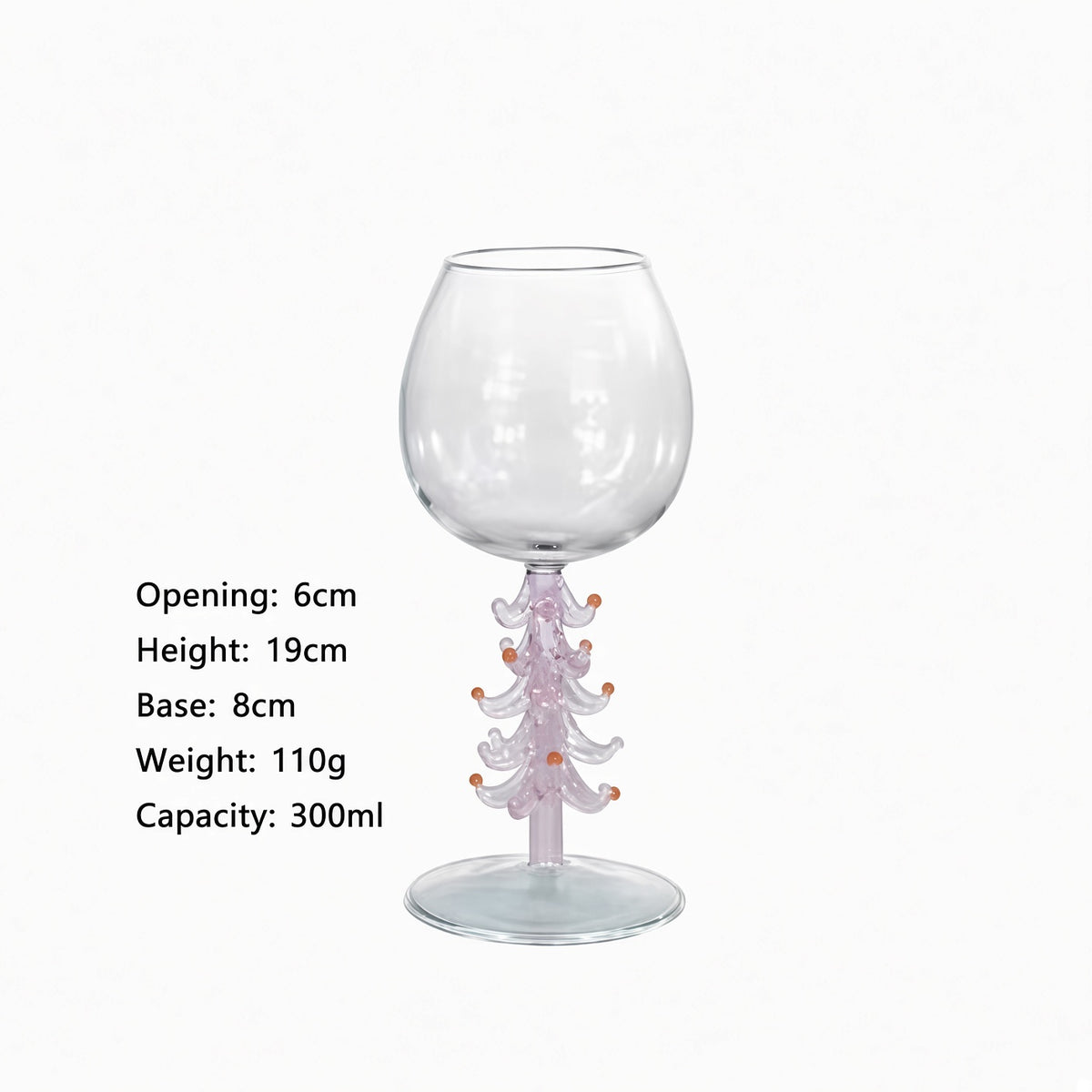 A clear glass goblet with a decorative translucent pink and white tree-like stem and small orange accents, shown on a white background with printed dimensions and capacity text.