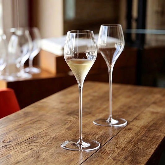 Elegant stemmed glasses displayed on a wooden table with beverage setting