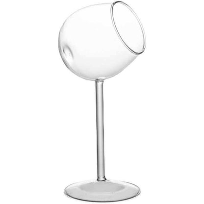 Transparent tilted rim stemmed glass product front view