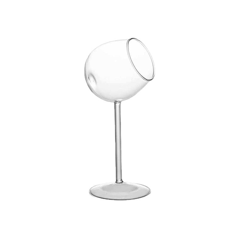Side view of tilted rim stemmed glass showing angled bowl design