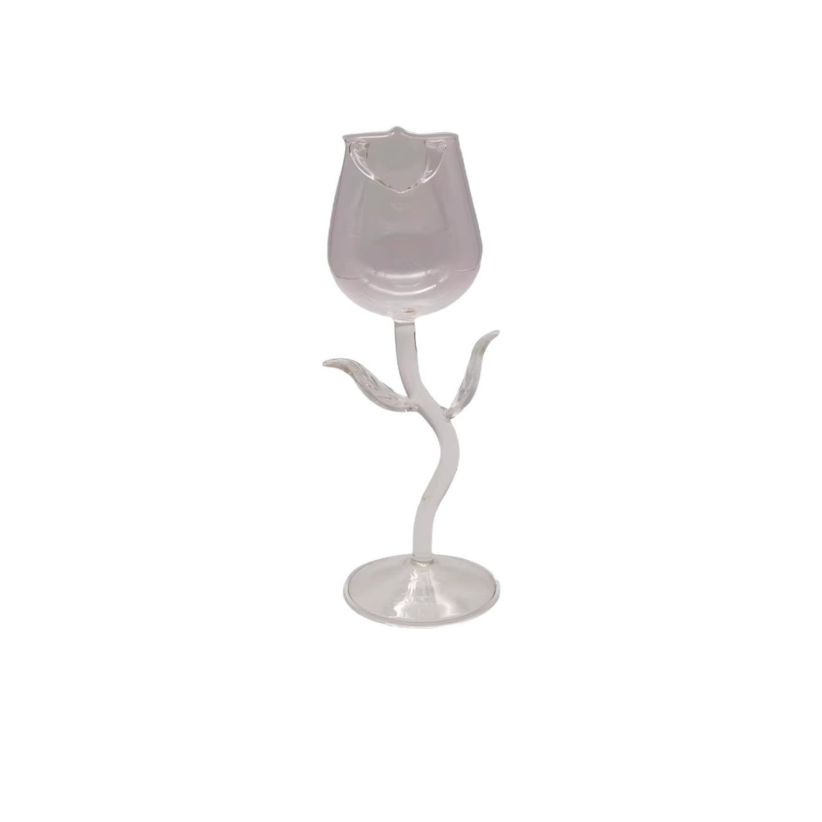 A clear glass tulip-shaped candle holder with a curved stem and round base, shown against a plain white background.