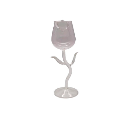 A clear glass tulip-shaped candle holder with a curved stem and round base, shown against a plain white background.