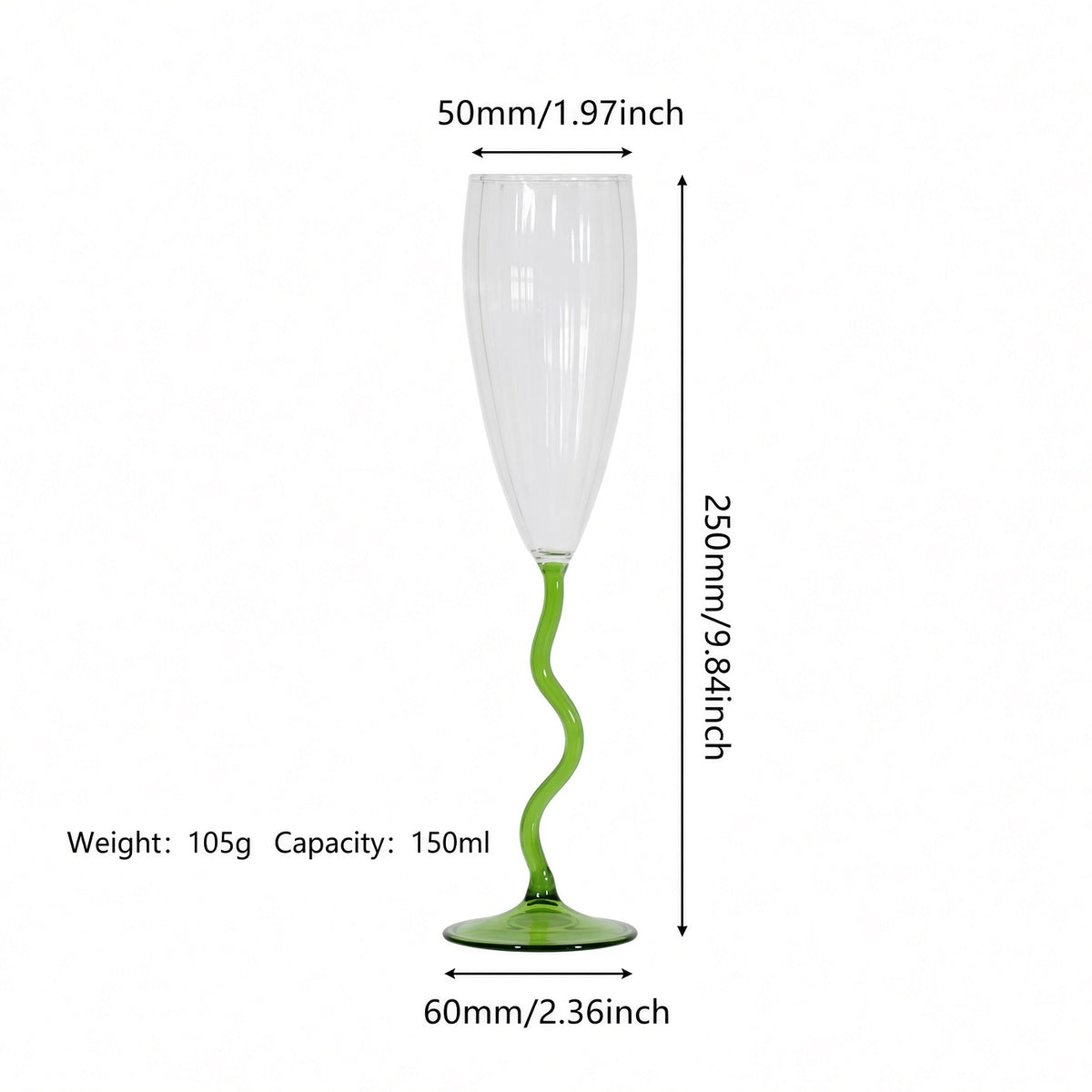 A tall stemmed glass with a clear flared bowl and a bright green wavy stem and base, shown with dimension arrows and text indicating 50mm width, 250mm height, 60mm base width, weight 105g, and capacity 150ml on a white background.
