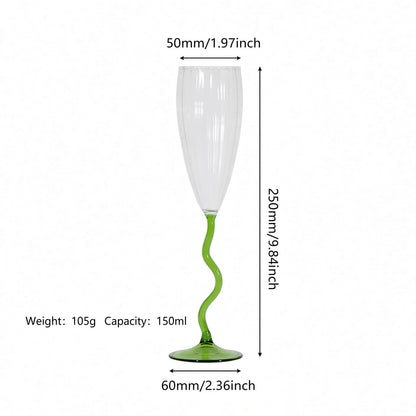 A tall stemmed glass with a clear flared bowl and a bright green wavy stem and base, shown with dimension arrows and text indicating 50mm width, 250mm height, 60mm base width, weight 105g, and capacity 150ml on a white background.