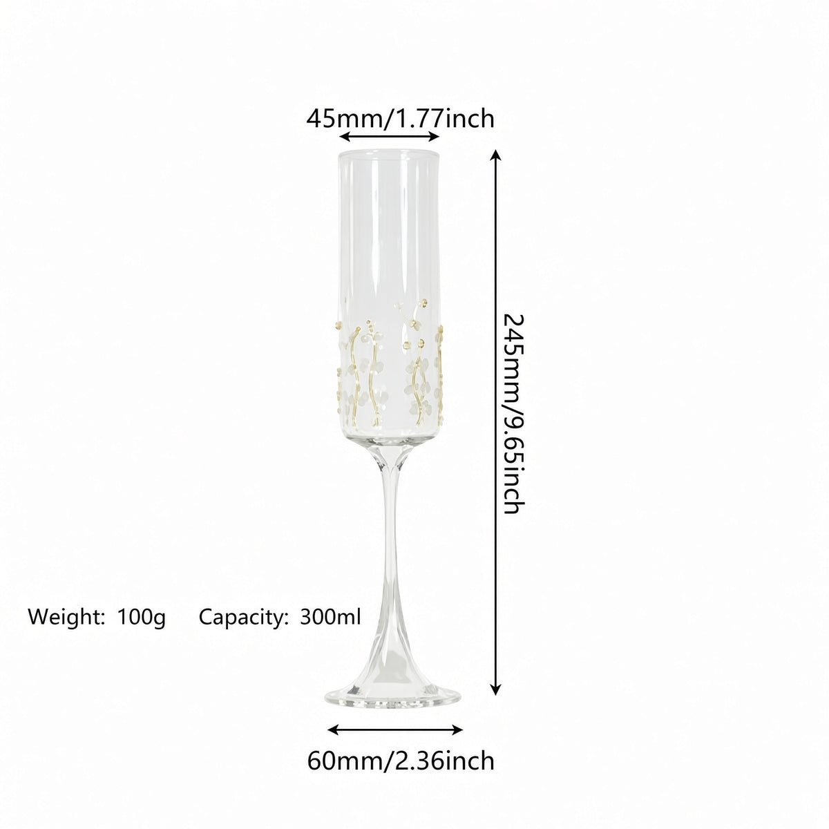 Straight cylinder vine pattern stemmed glass size measurement information