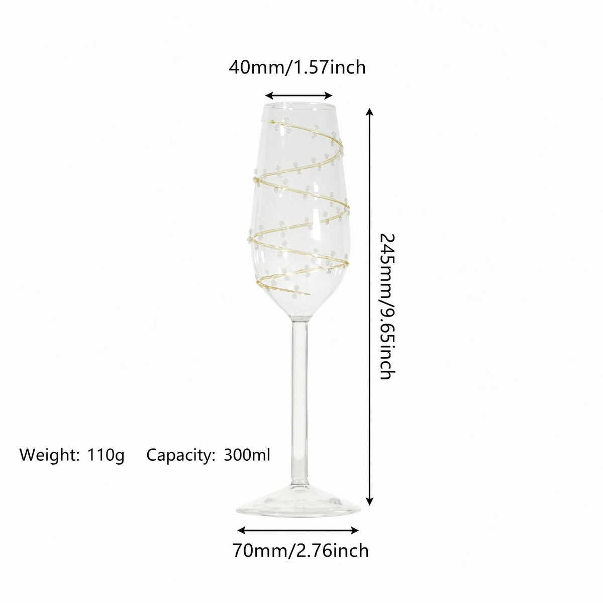 Wrapped vine pattern stemmed glass size measurement information